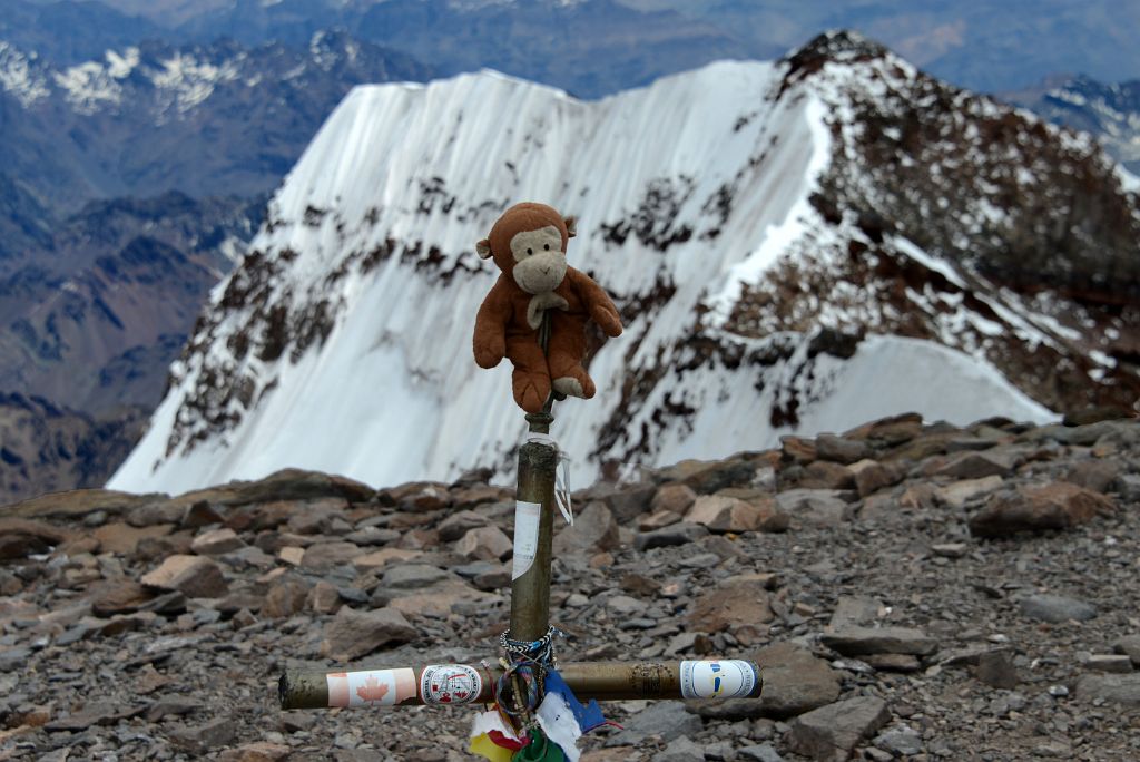 46 Dangles On The Aconcagua Summit 6962m Cross With Aconcagua South Summit Behind